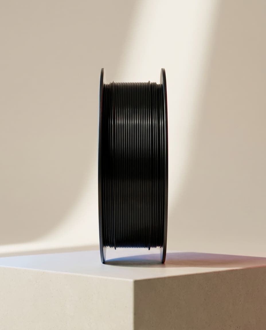 Bobina de filamento PLA Preto Obsidiana VANPRINT sobre pedestal de concreto creme, com luz lateral suave