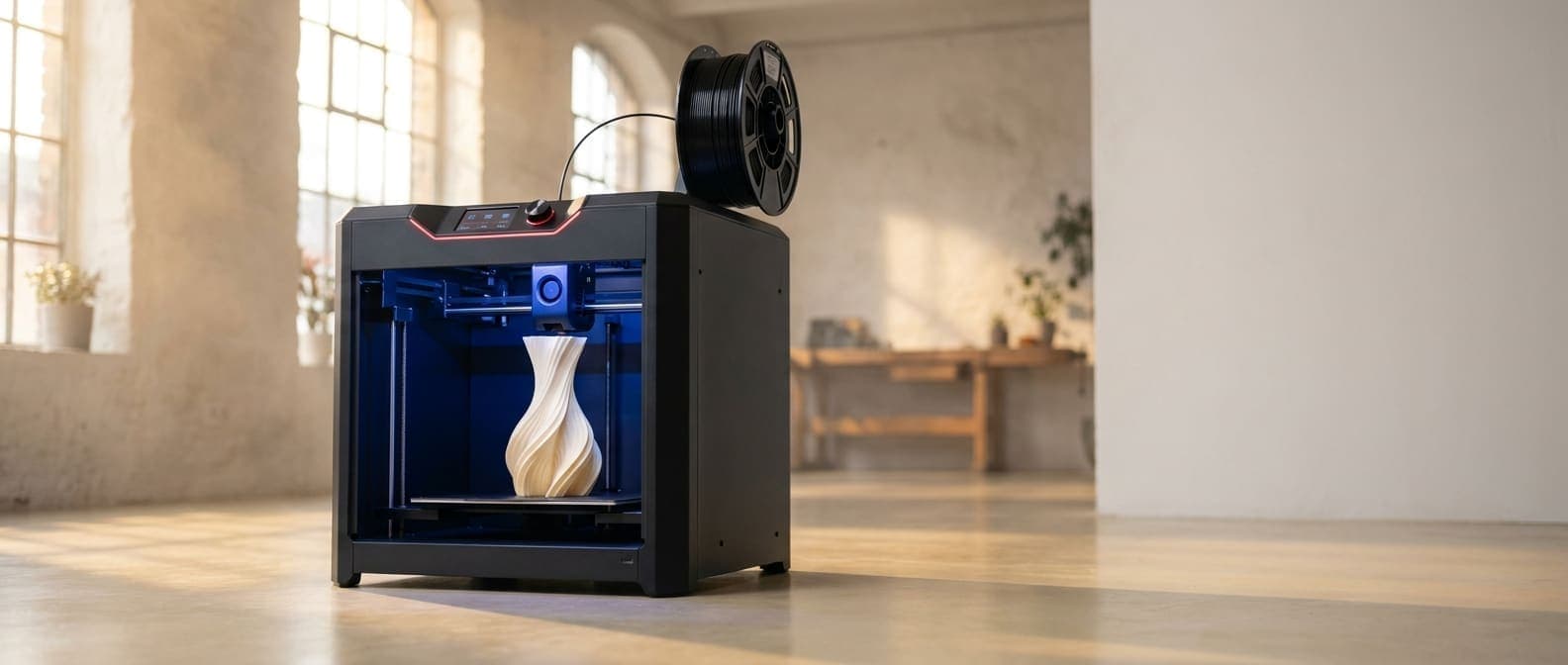 Impressora 3D imprimindo um vaso branco em estúdio iluminado por luz natural, com a bobina de filamento preto da VANPRINT em cima