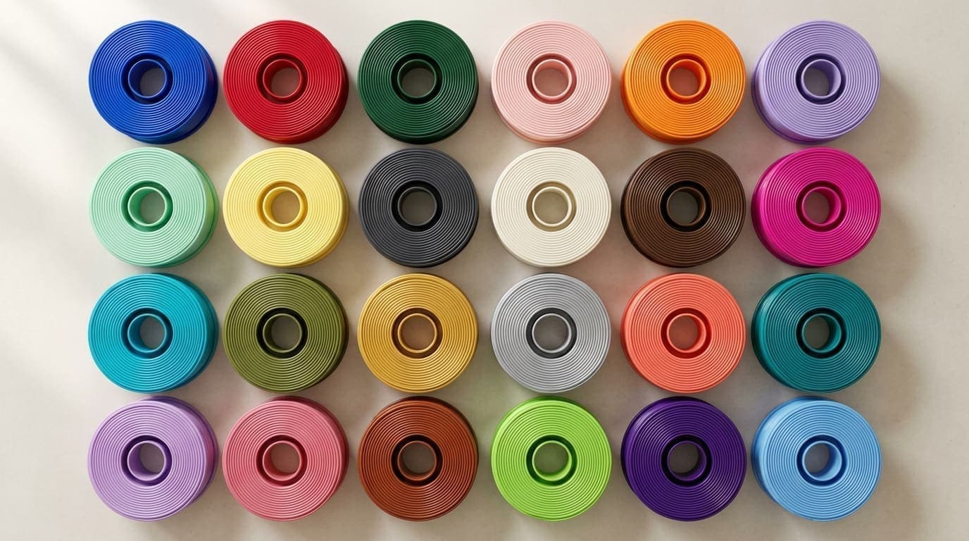 Grade de 24 bobinas de filamento PLA em cores saturadas — cobalto, cereja, verde floresta, rosa quartzo, tangerina, lavanda, menta — sobre fundo de concreto creme