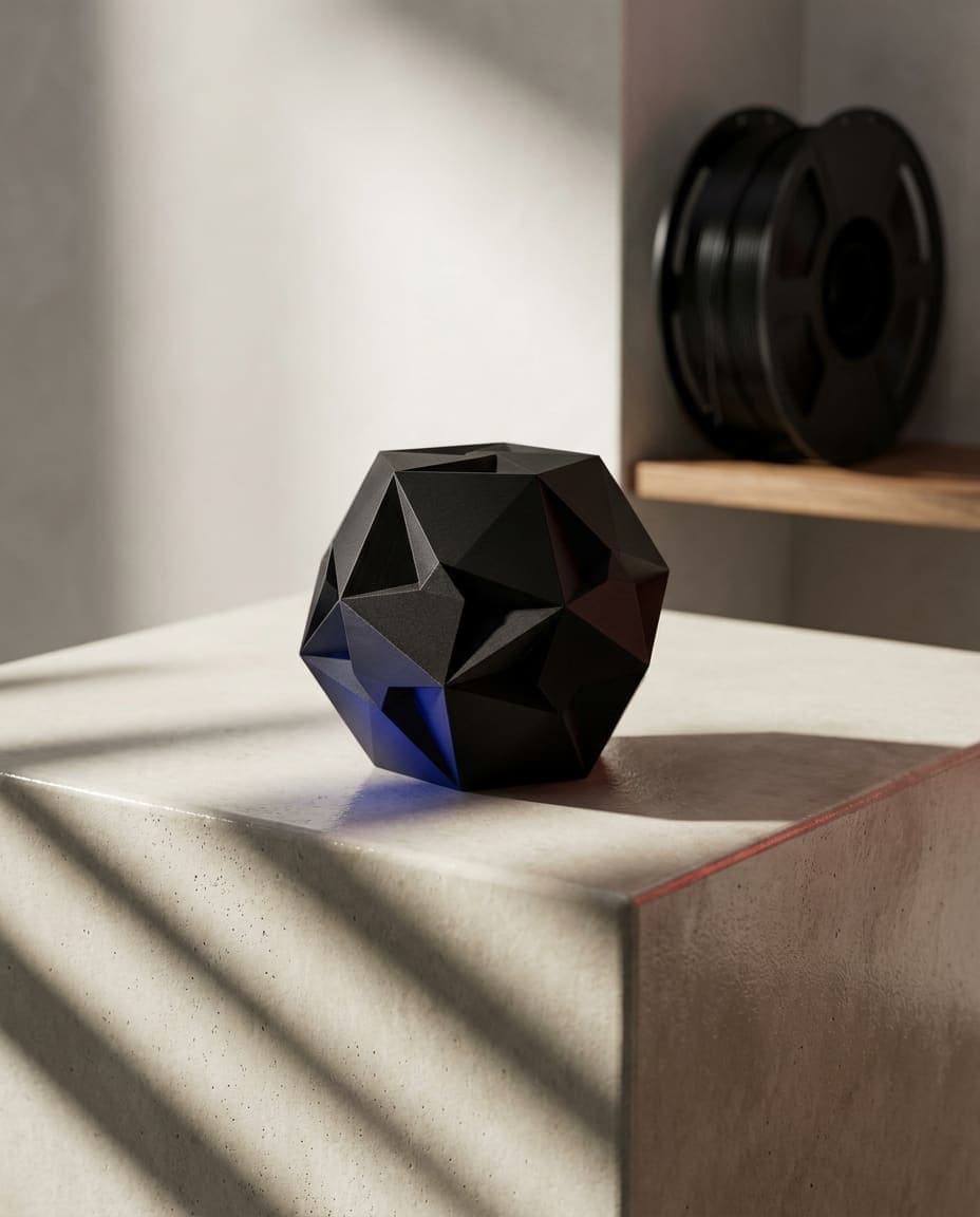 Peça impressa em PLA Preto Obsidiana num pedestal de concreto polido, com sombras dramáticas e reflexo azul imperial